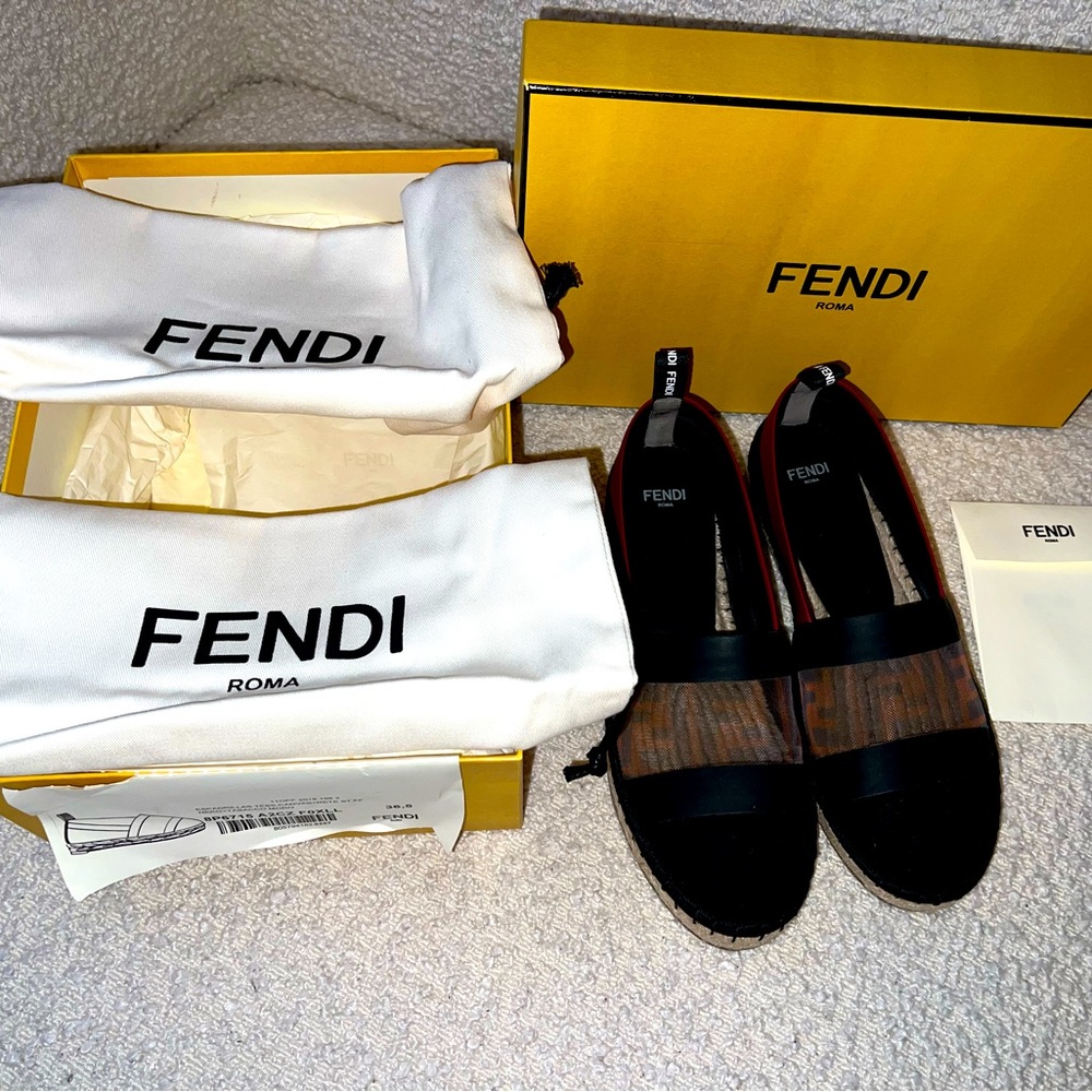FENDI
Black/ Red Mesh, Leather And Canvas Espadrille Flats